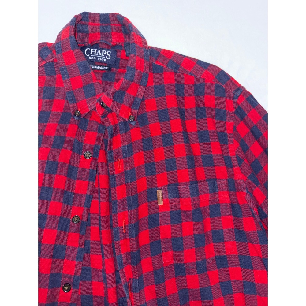 Chaps Mens Performance Flannel Shirt Medium Red Navy Blue Buffalo Plaid Cotton